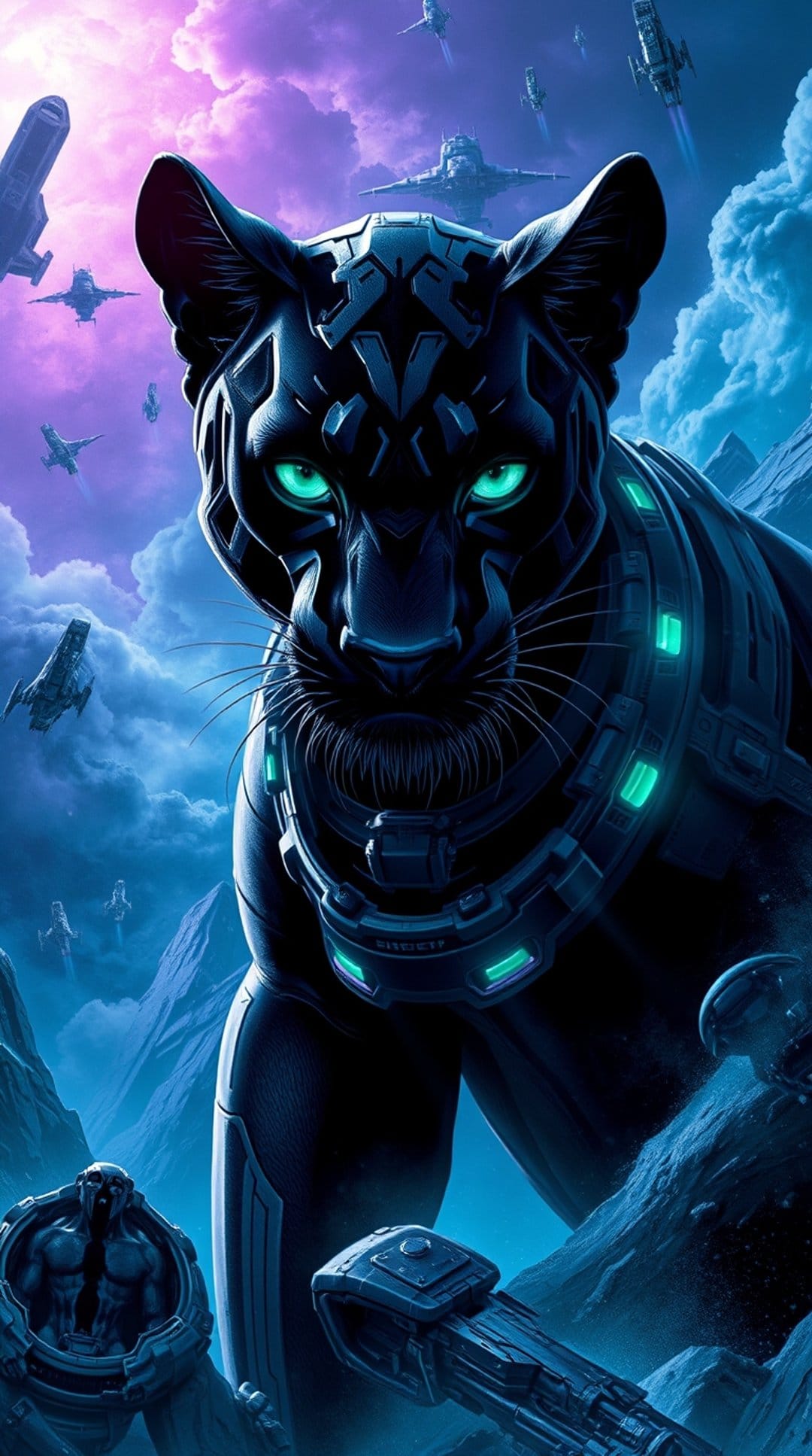 Cybernetic black panther with glowing teal eyes stands on a rocky alien planet under a purple nebula with ships.