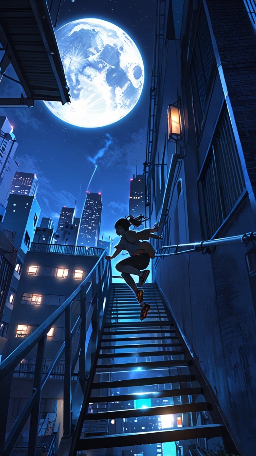 Ponytail anime girl performing a parkour jump on metal stairs against a giant moon and urban skyline at night.