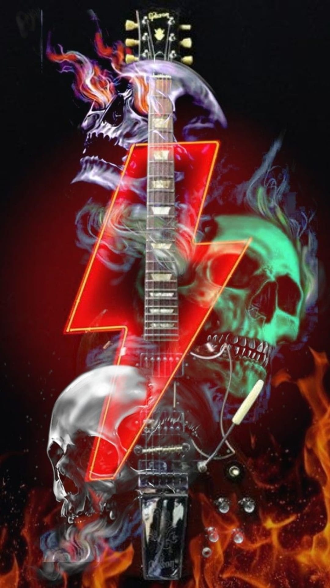 Gibson electric guitar surrounded by flaming skulls and red lightning bolts against a dark background.