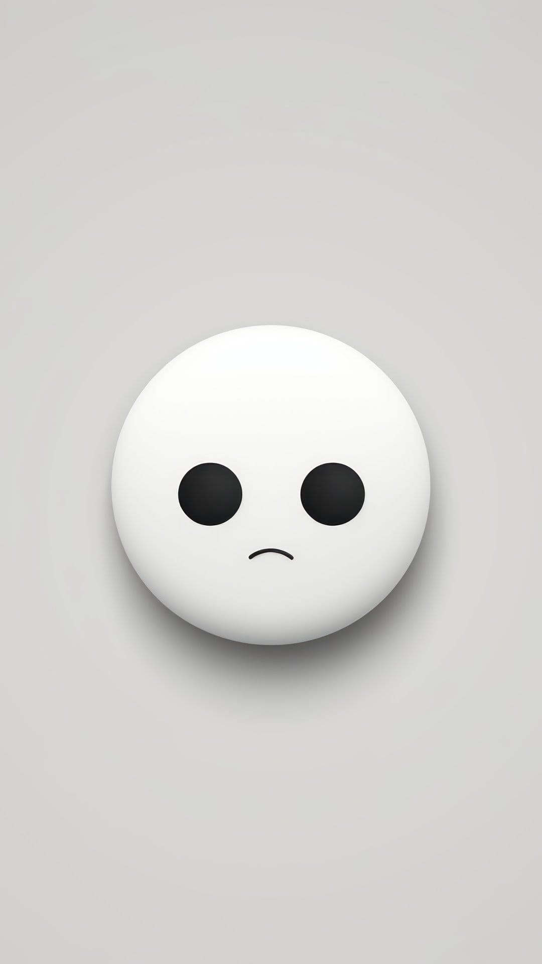Sad white emoji with black eyes and a downturned mouth centered on a plain light grey background for mobile.