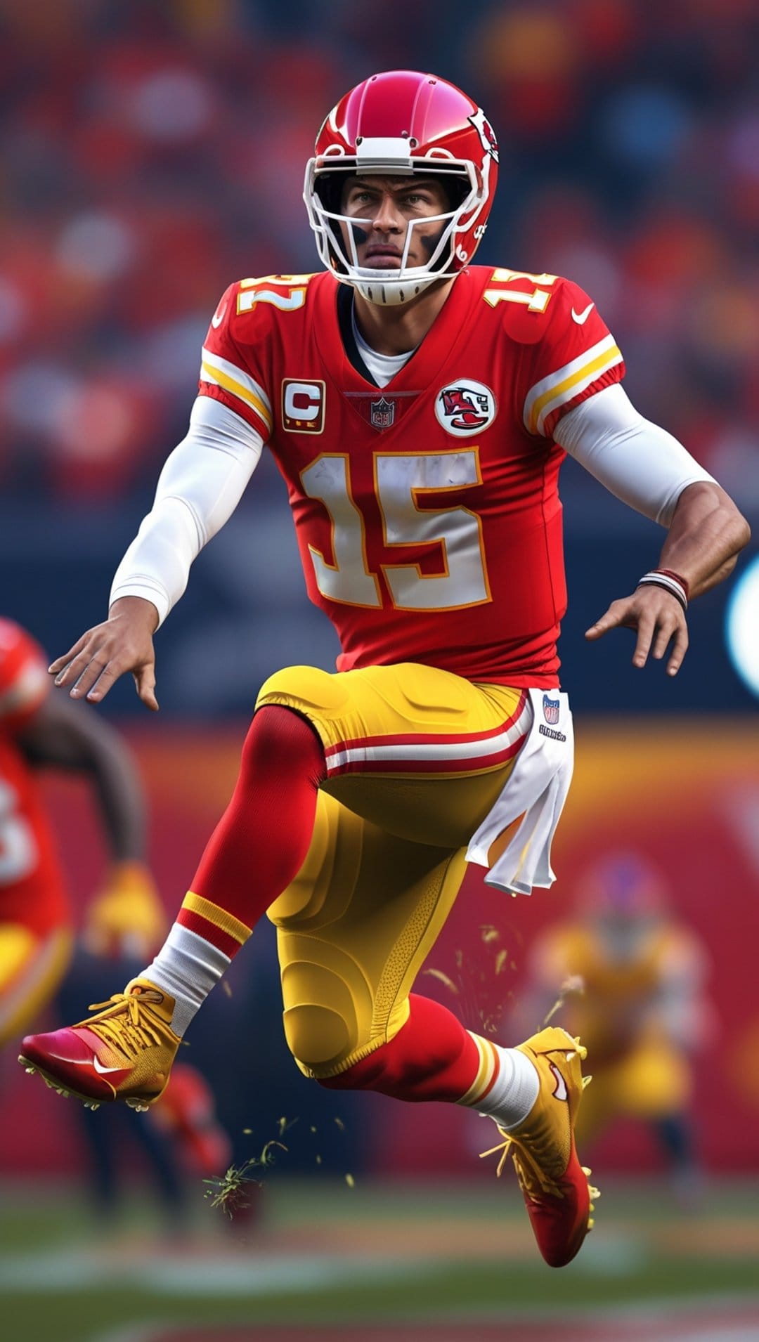 Patrick Mahomes runs in a red jersey and helmet on a grass football field with a blurred stadium background.