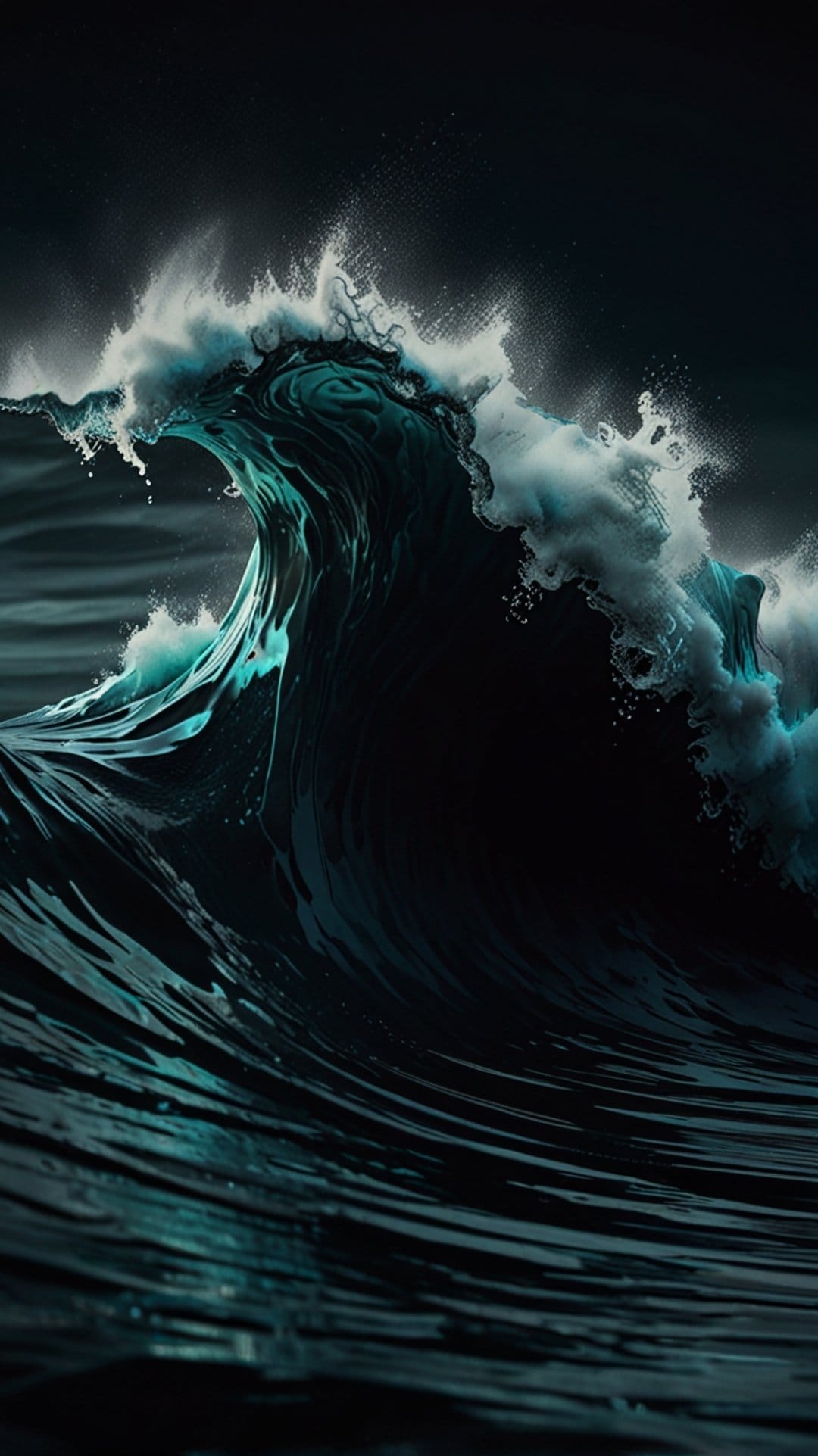 Dark turquoise ocean wave crashing with intricate white seafoam against a solid black background in high detail.