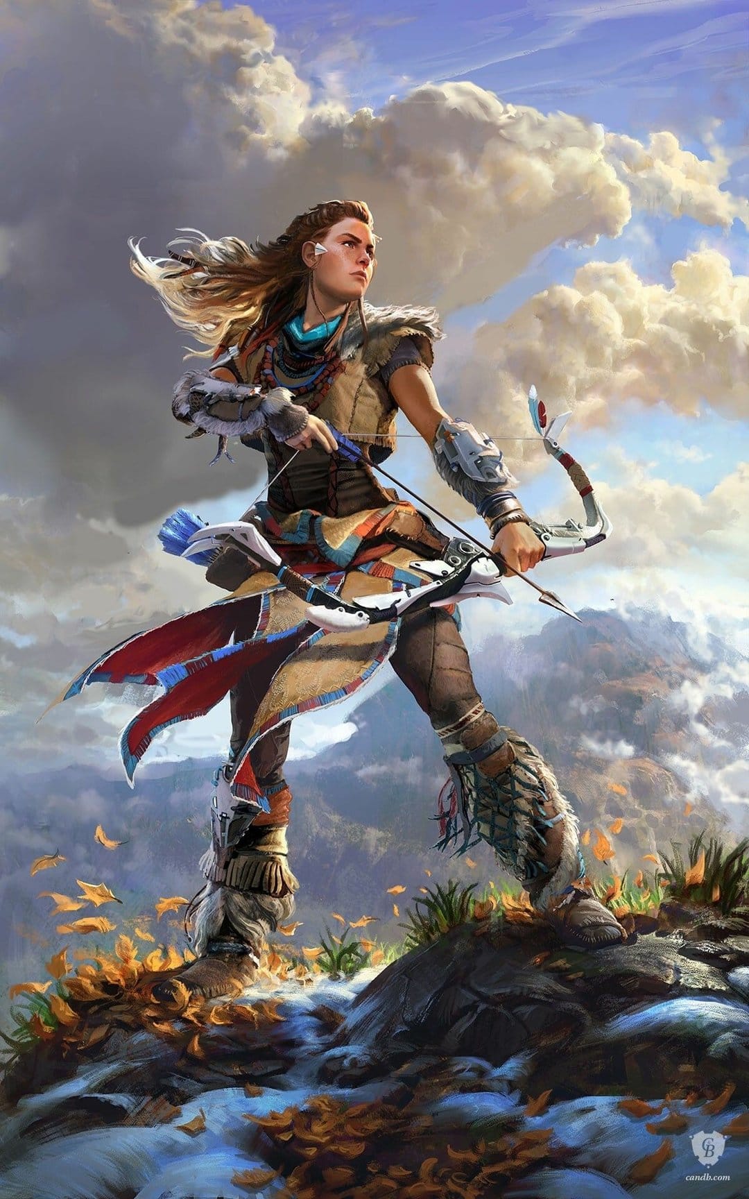 Aloy with a bow stands on a rocky mountain ledge with autumn leaves blowing against a cloudy blue sky.