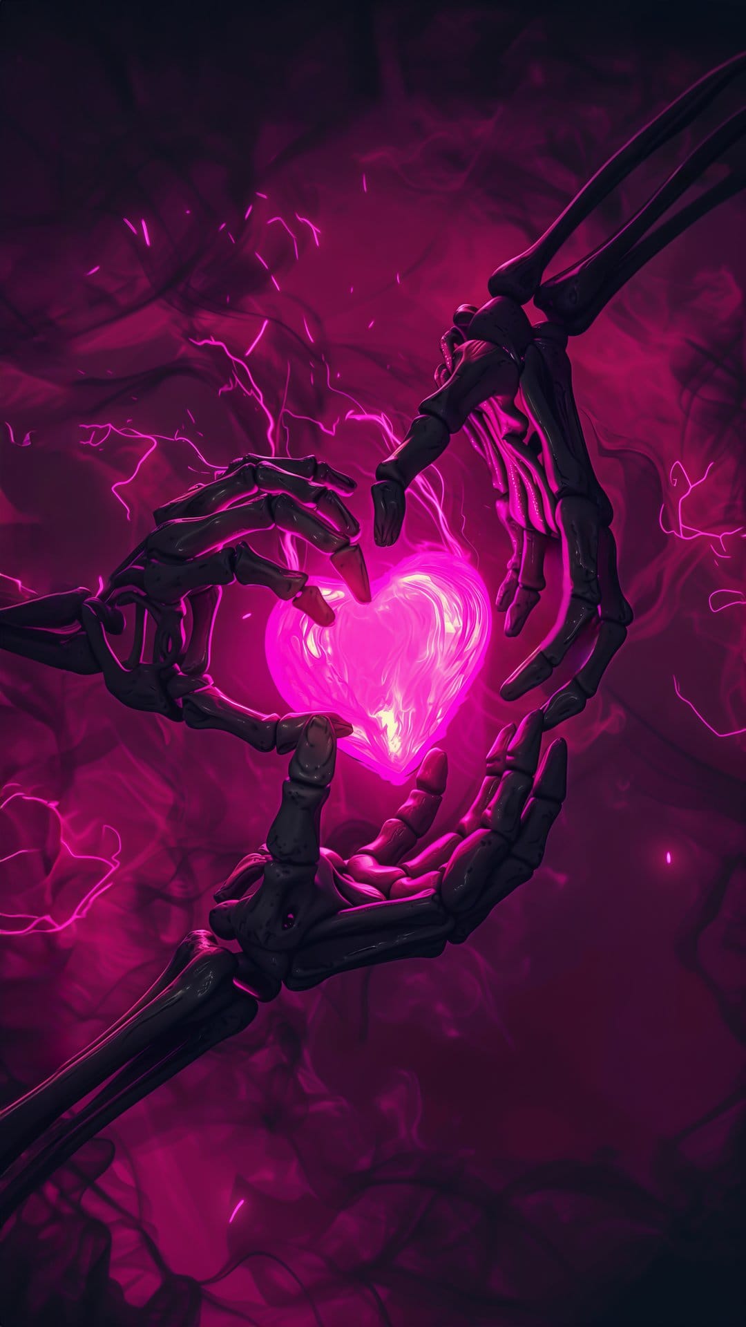 Skeletal hands cradle a bright pink glowing heart amidst translucent wisps of smoke on a dark background.
