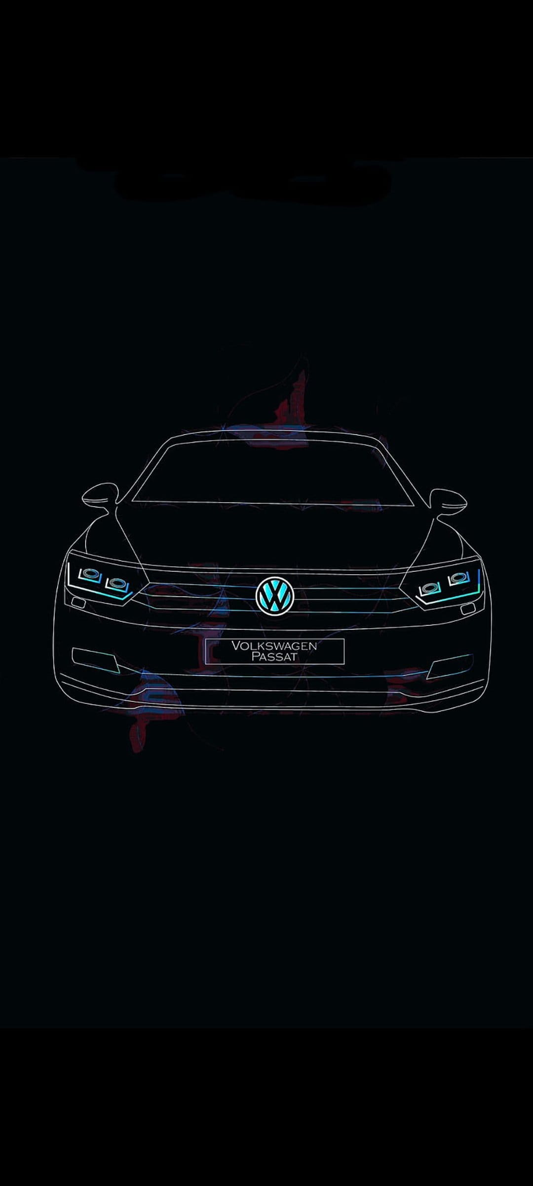 Volkswagen Passat glowing with neon blue and pink outlines against a solid black background in a minimalist style.
