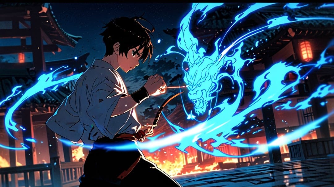 Samurai warrior raises a glowing blue sword against a massive dragon made of ethereal sapphire flames at night.