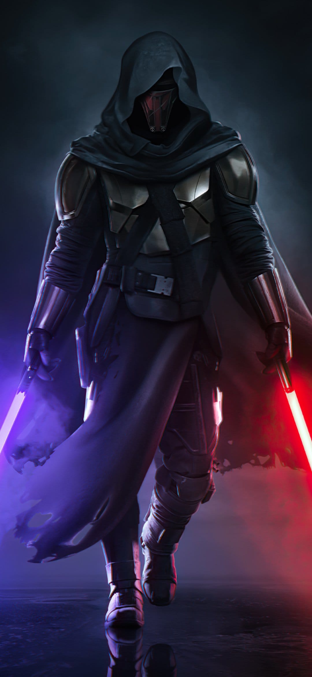Darth Revan in dark armor and a hooded mask holding a purple and red lightsaber in a misty, dark environment.