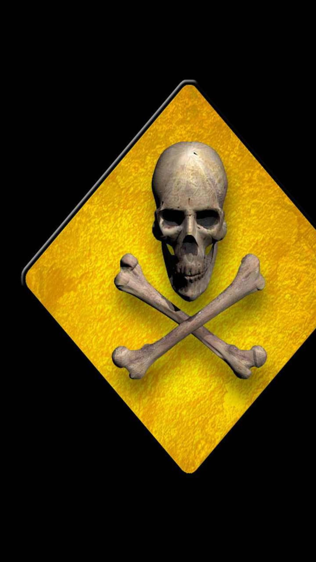 Skull and crossbones symbol on a textured yellow diamond warning sign centered against a solid black background.
