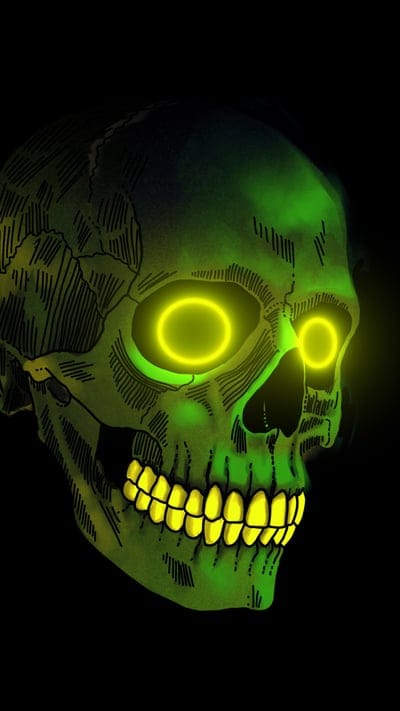 Green skull of skulls,creepy,eyes,glow,halloween,neon,scary, skeleton