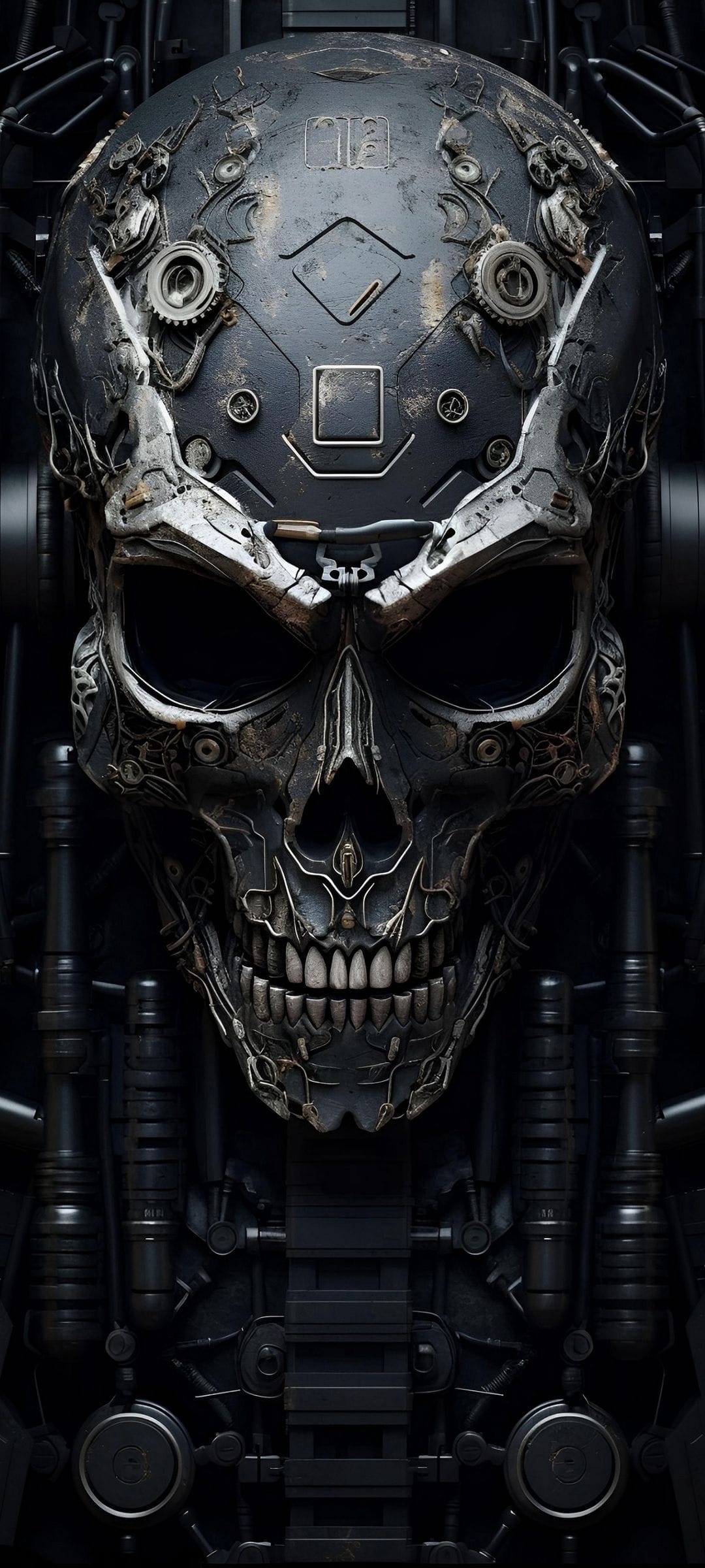 Mechanical skull with exposed gears and metal pipes under dramatic lighting in a dark industrial environment.