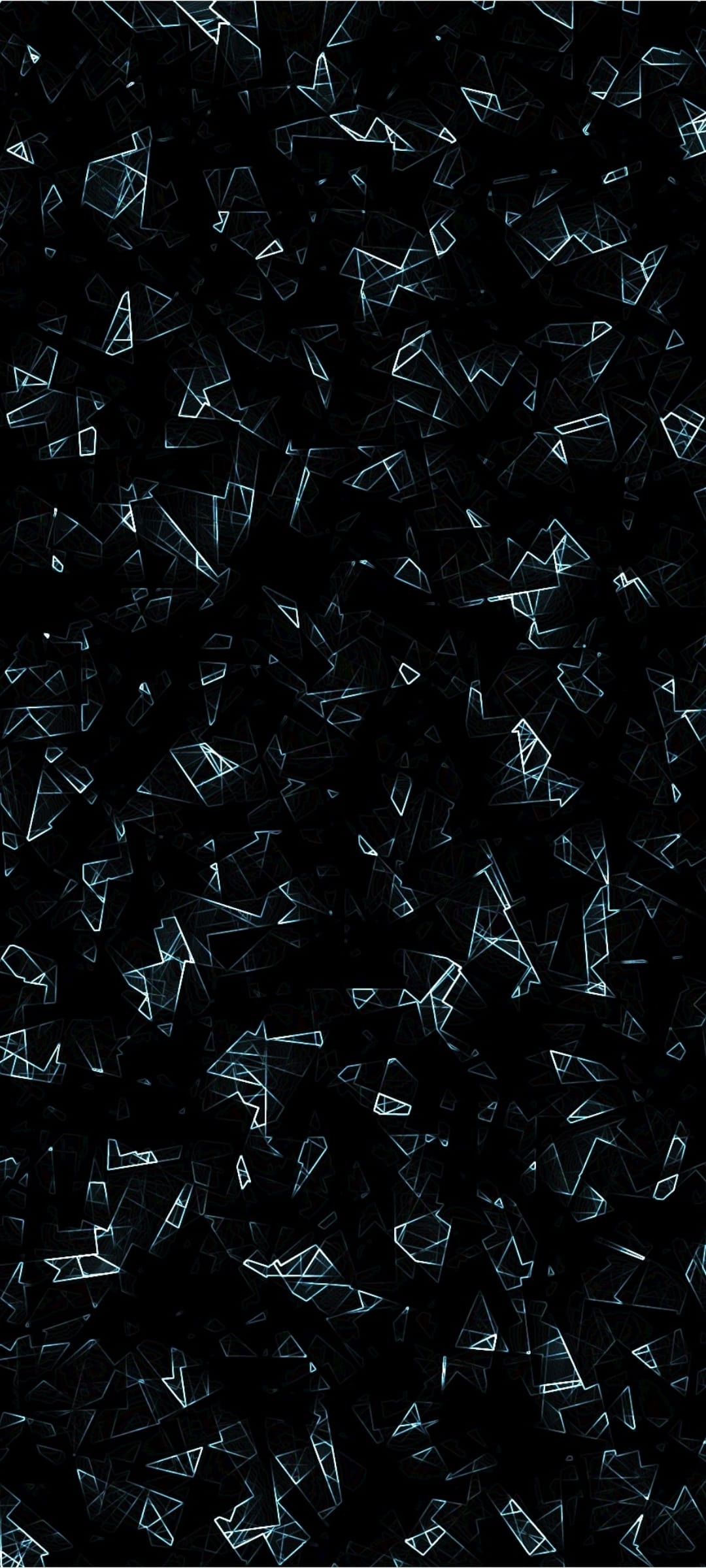 Sharp black glass fragments with glowing blue edges scatter across a dark void in a vertical composition.