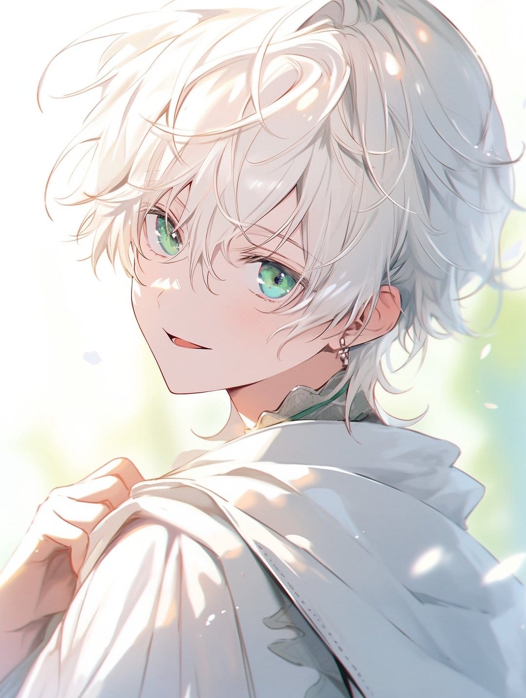 White-haired boy with green eyes looks over his shoulder wearing a white hooded cloak in soft light.