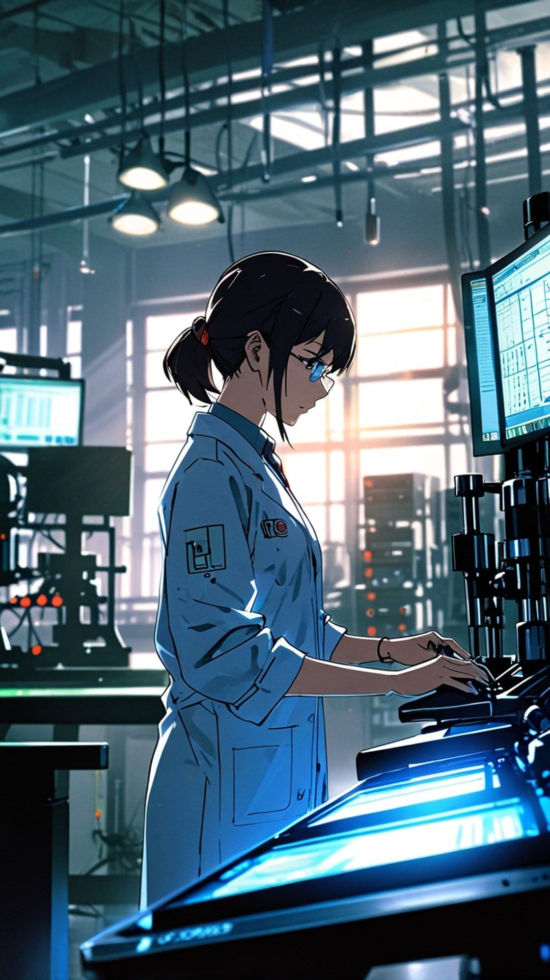 Woman scientist with glasses and lab coat operates glowing server terminals inside a dark futuristic laboratory.