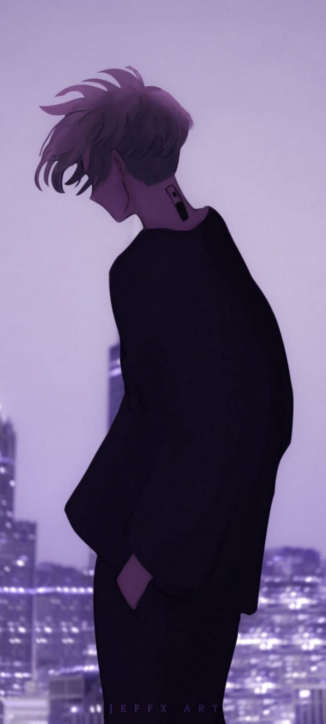 Young man with spiky hair and a neck tattoo stands in profile against a blurred purple neon city background.