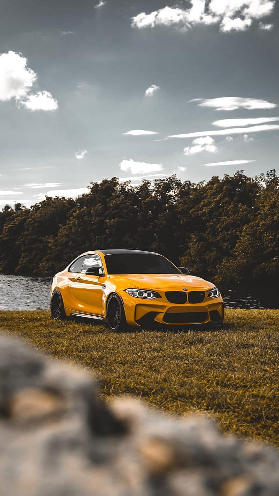 Yellow BMW M2 coupe parked on green grass by a lake with a background of dense trees and fluffy clouds.