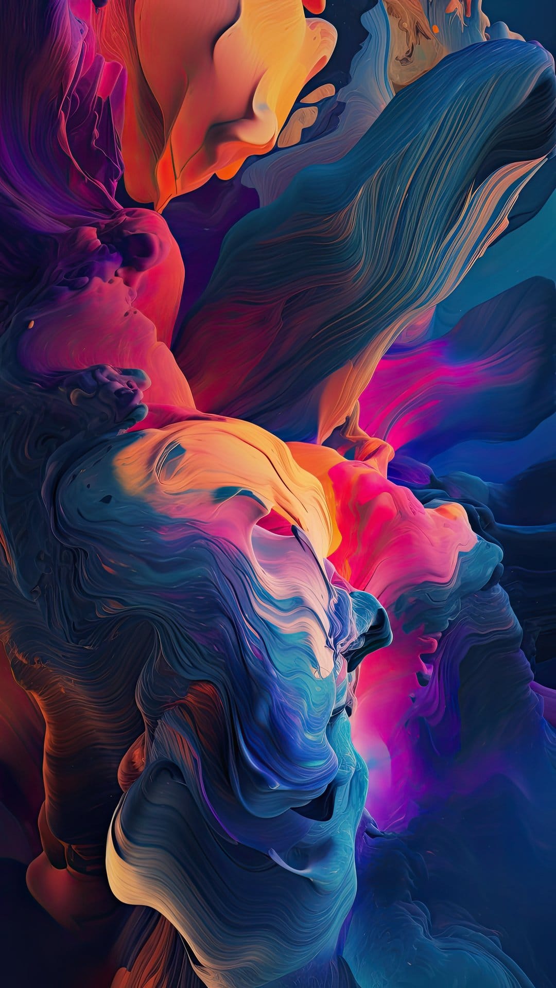 Interlocking swirls of sapphire blue, magenta, and fiery orange flow together in a dense liquid-like pattern.