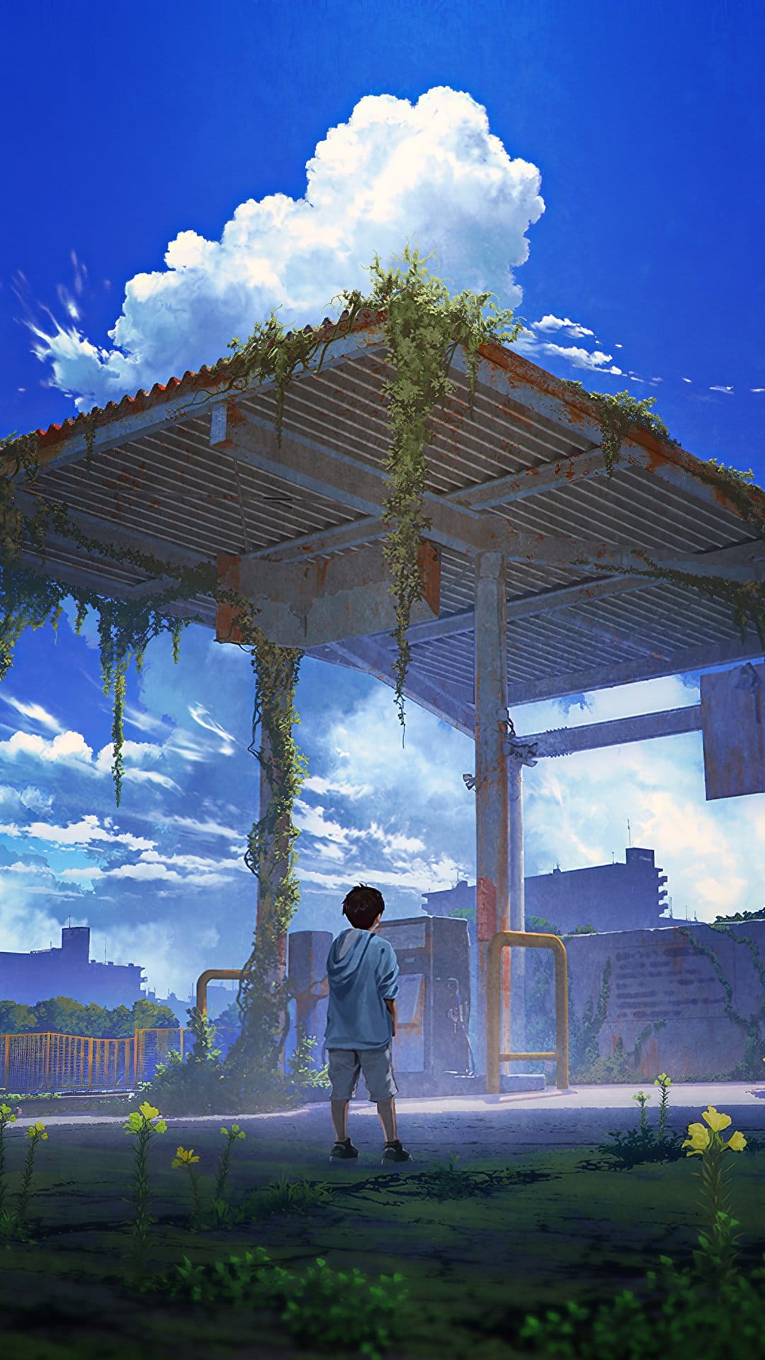 A solitary person stands under the rusted roof of an abandoned gas station engulfed by climbing green vines.