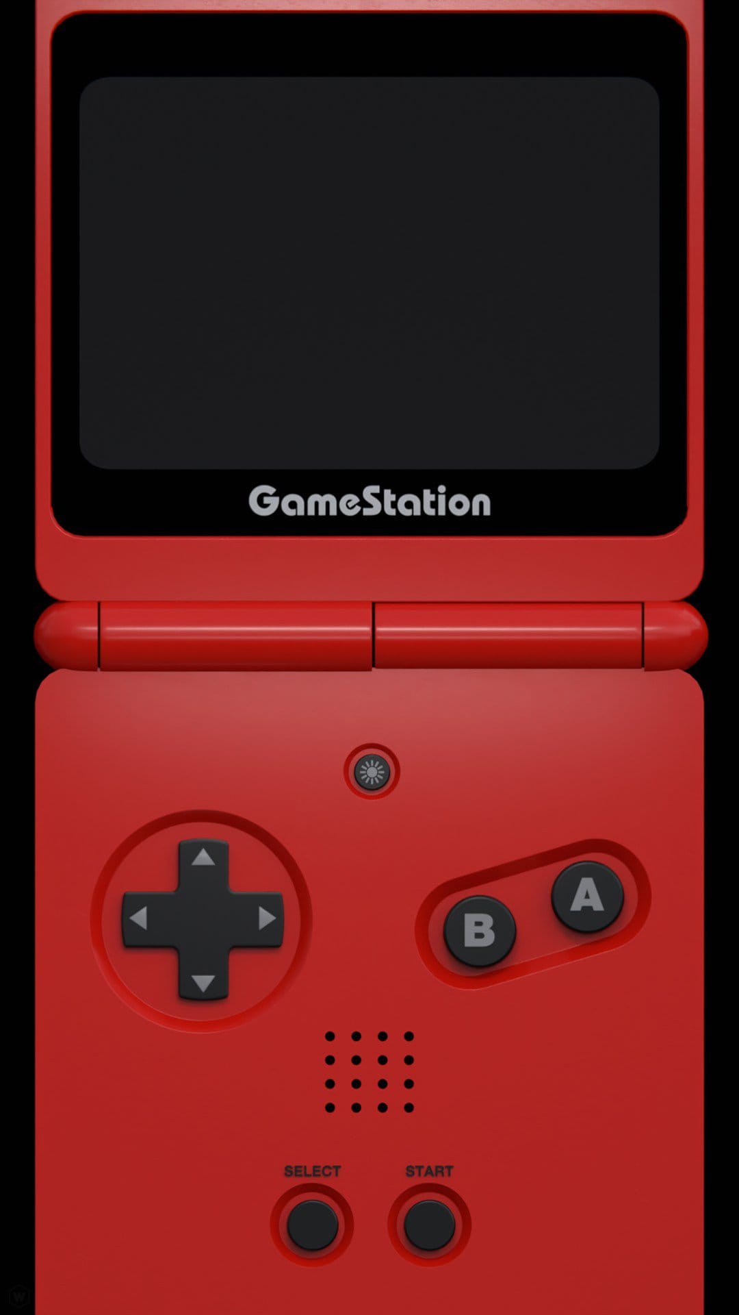 Red handheld gaming console with a black screen, directional pad, and round buttons in a vertical orientation.