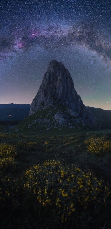 Milky Way, Mountain, Night Sky, Stars, Landscape, Nature, Pyrenees, Astronomy, Outdoors, Scenic, Dark Sky, Celestial, Purple Sky, Yellow Flowers, Majestic, Cosmic, Wilderness, Serene, Astrophotography, Tranquil