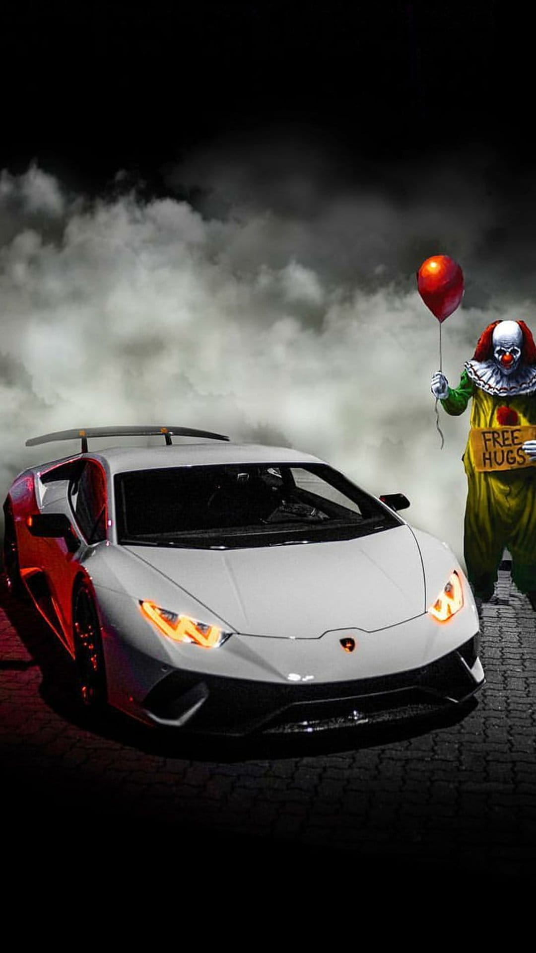 Menacing clown holding a red balloon and sign beside a white Lamborghini in a dark, foggy environment.