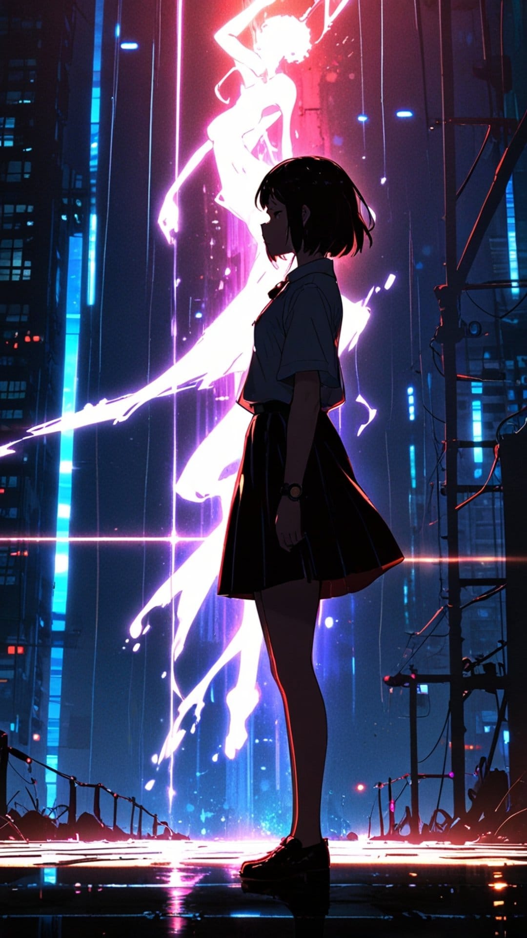 Cyberpunk girl gazes at a spectral energy figure amidst glowing blue skyscrapers and rain-slicked city streets.