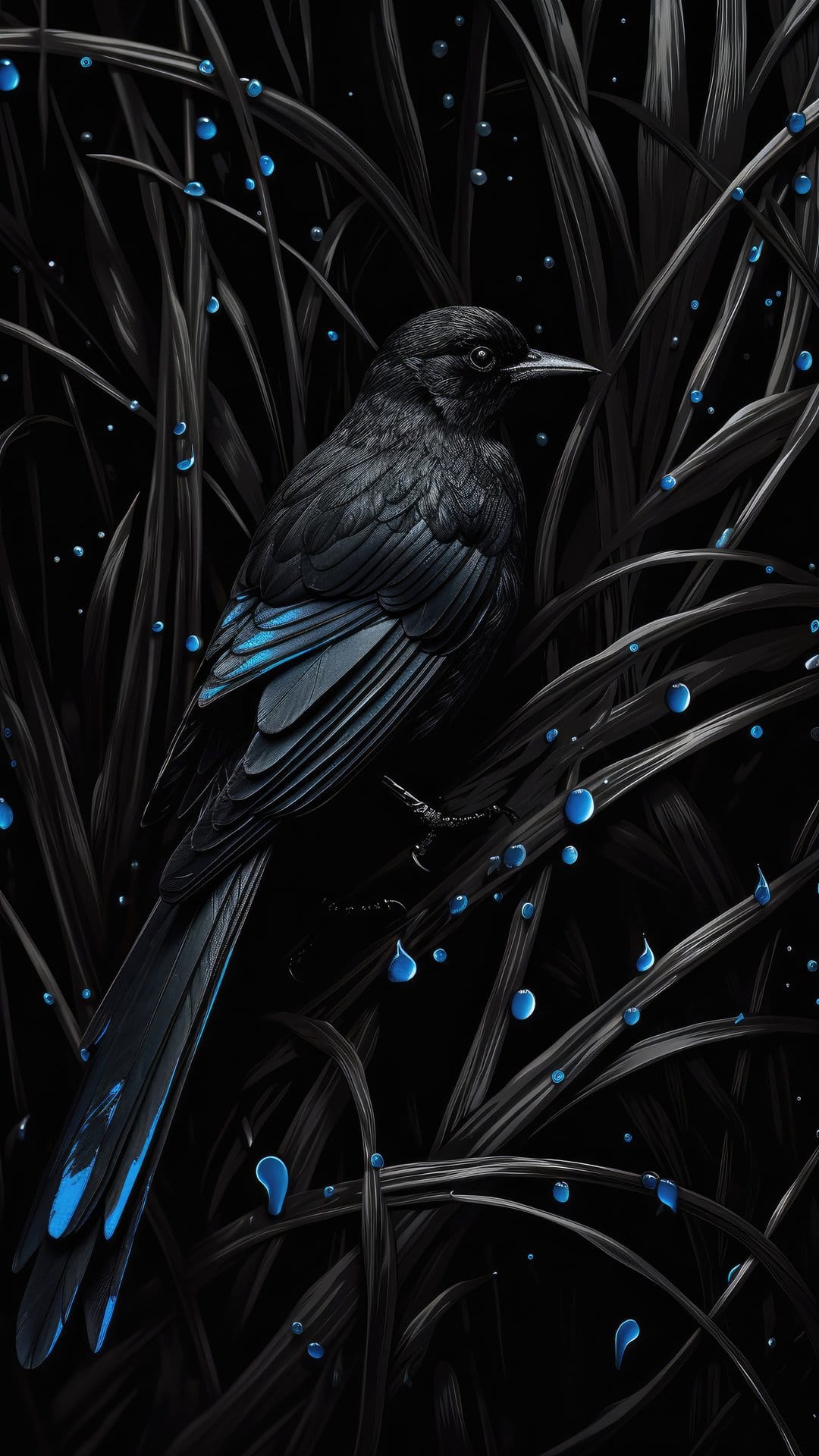 Black bird with iridescent blue feathers perched in dark grass covered in glowing sapphire water droplets.