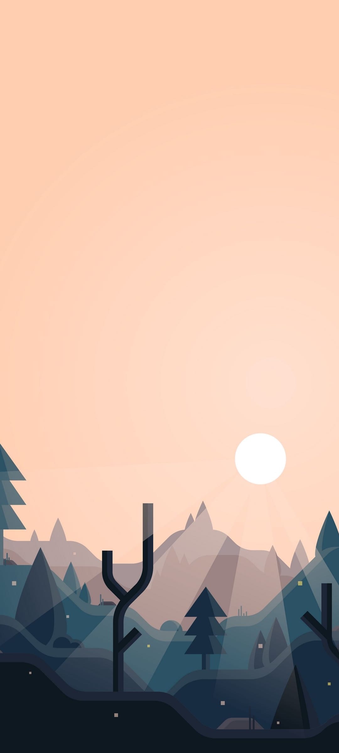 Angular blue mountains and silhouetted trees stand under a peach sunset sky with a white radiating sun.