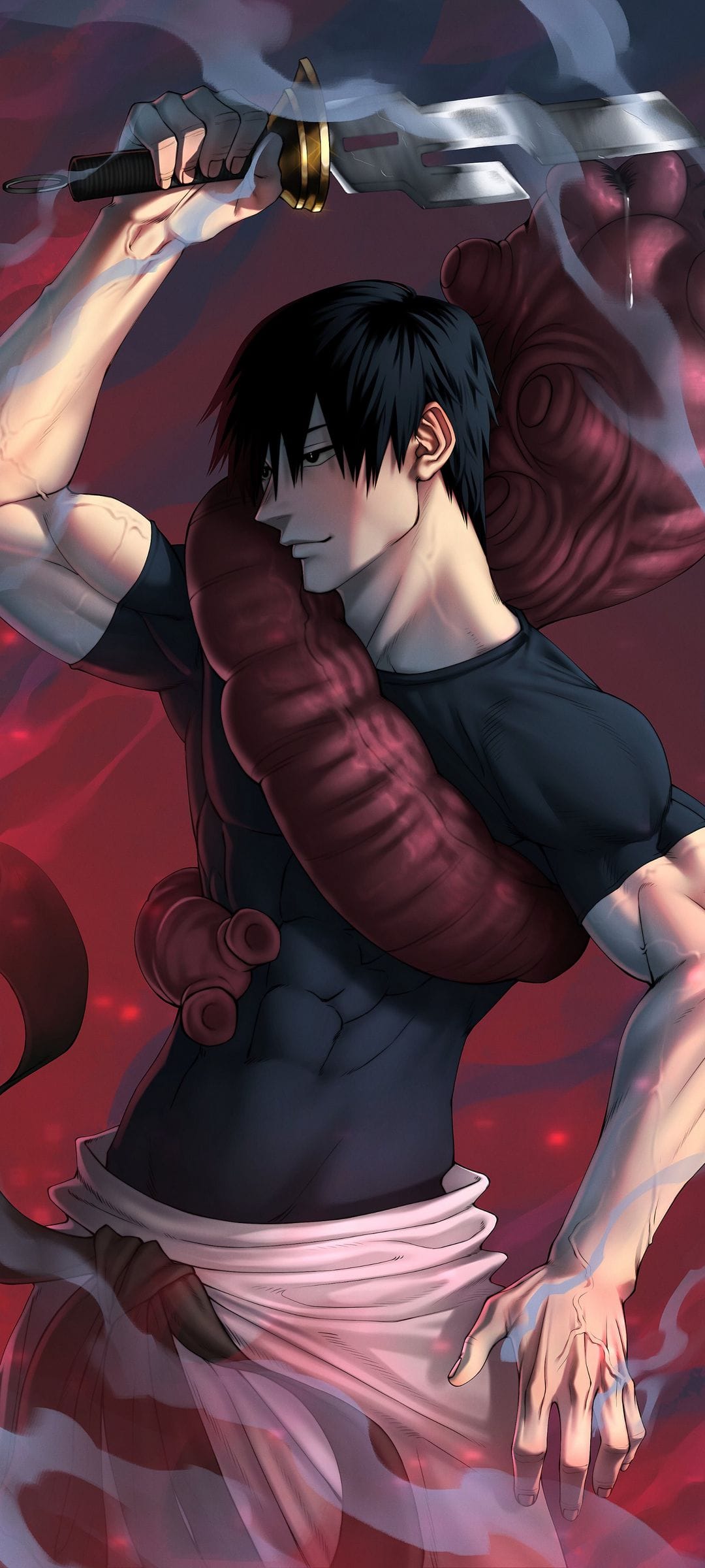 Toji Fushiguro with a muscular build holds a weapon against a red backdrop with smoky and ethereal effects.