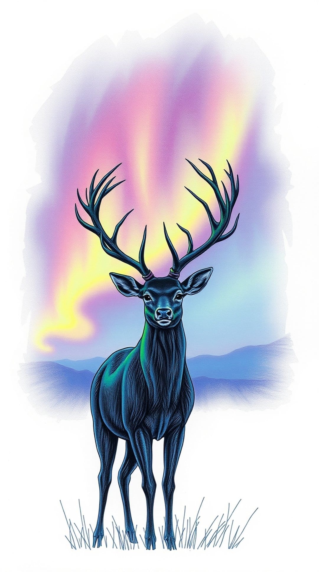 Large stag with wide antlers stands in a field under a vibrant pink and purple aurora borealis night sky.