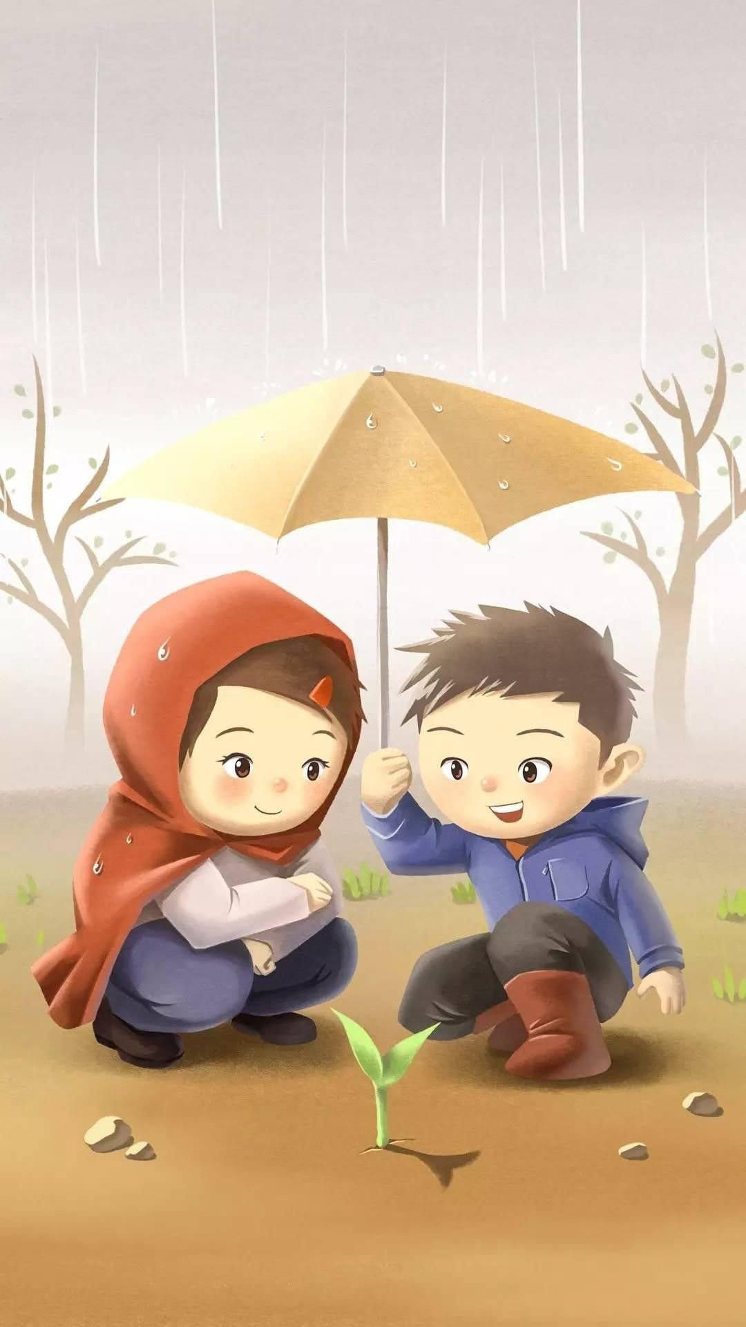 Boy and girl hold a yellow umbrella over a green sprout in the rain within a soft, pastel natural environment.