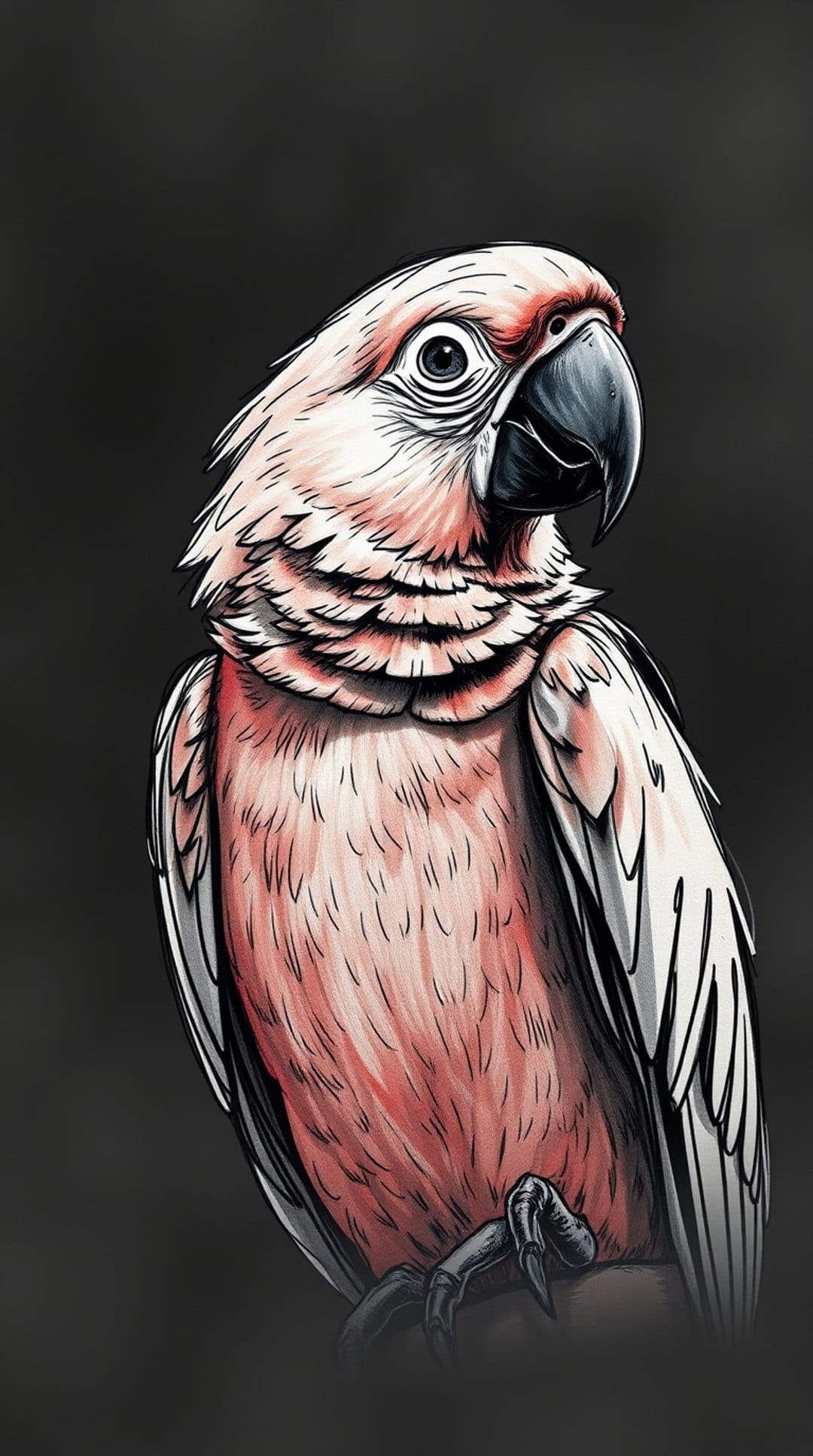 Pink and white cockatoo with a curved beak and expressive eye resting against a dark, textured noir surface.