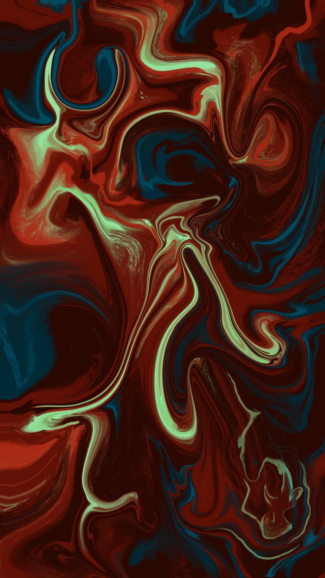 Swirling ribbons of crimson red and teal green flow together in a fluid marble pattern with organic curves.