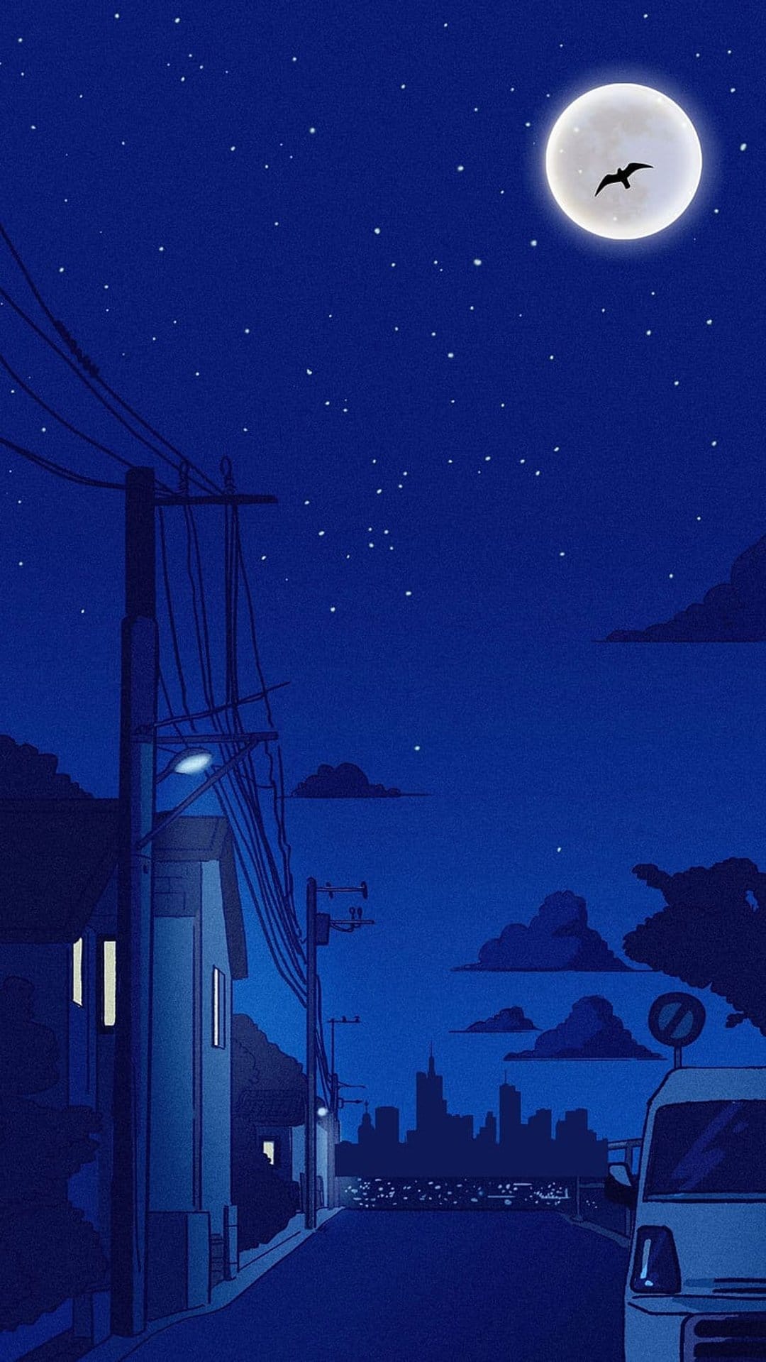 Radiant full moon hangs above a quiet neighborhood street with a parked van and a distant glowing city skyline.