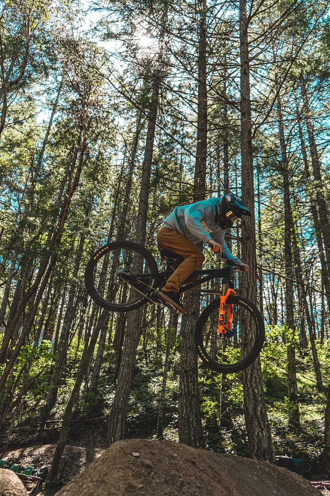 Mountain biker in protective gear jumping mid-air between tall sun-dappled trees in a dense evergreen forest.