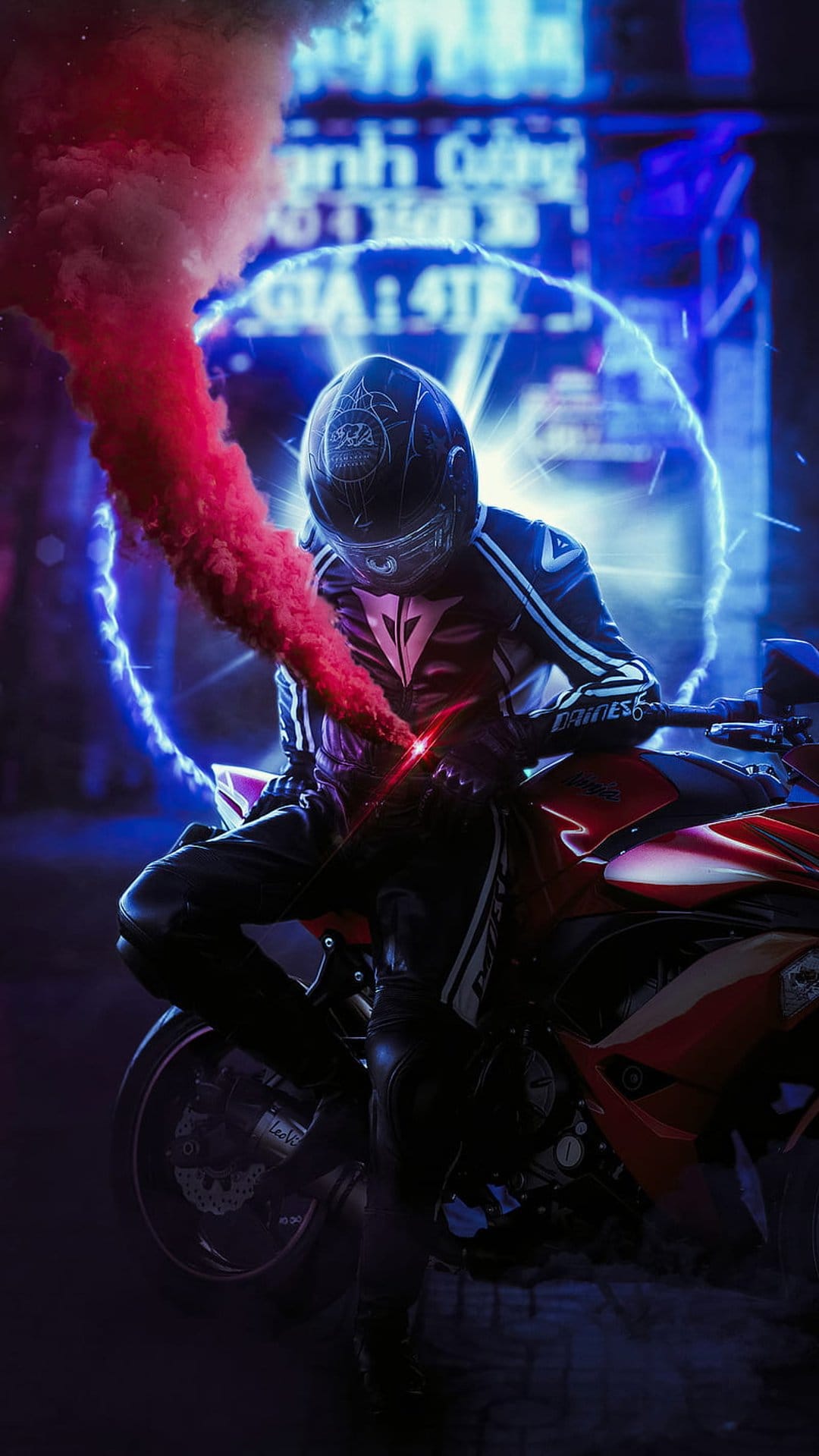 Motorcyclist in full gear on a red sportbike surrounded by thick red smoke against a neon blue cityscape.