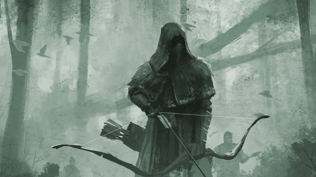 Hooded archer with a bow in a foggy forest with muted green tones and a painterly concept art style.