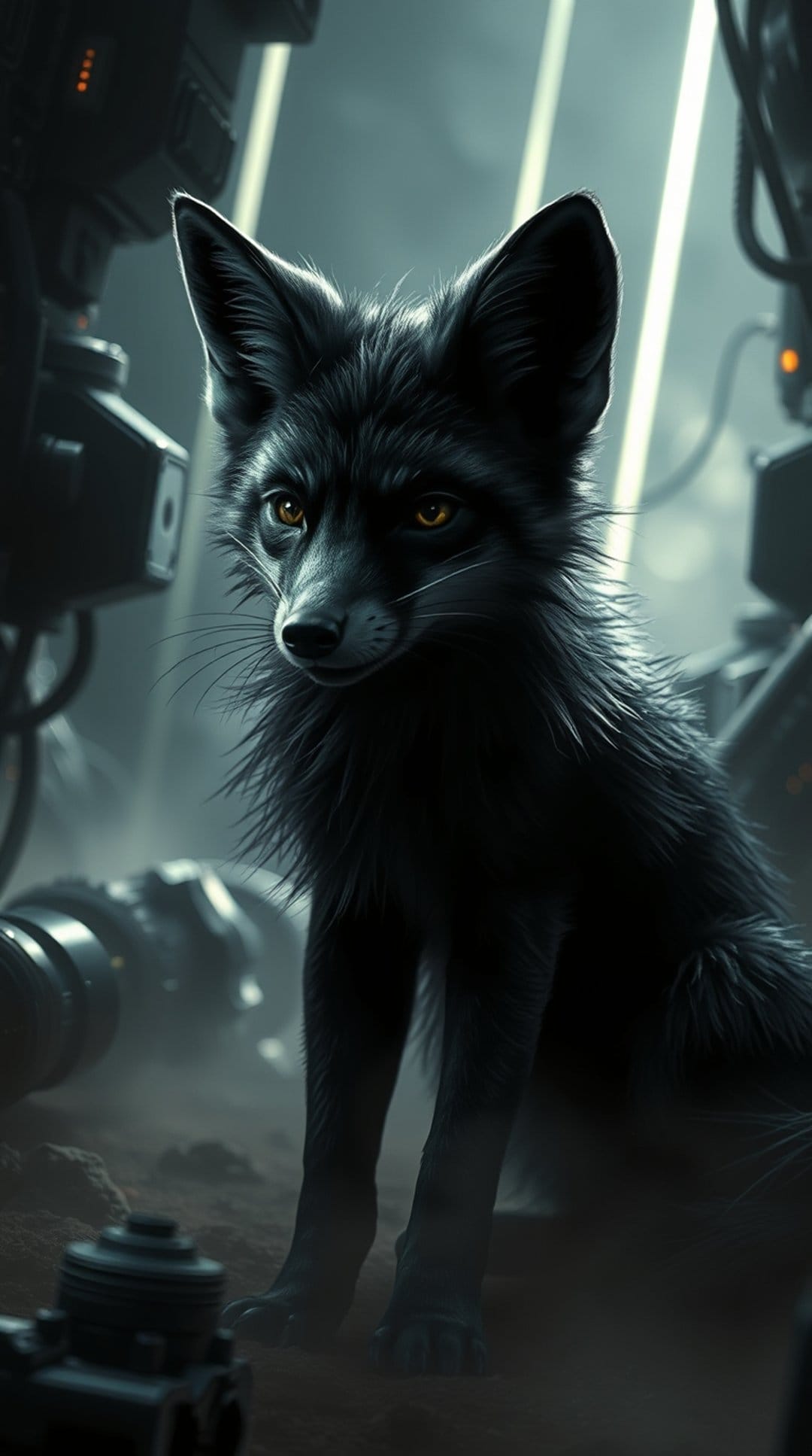 Black fox with glowing yellow eyes sits amidst metallic wires and glowing lights in a dark industrial setting.