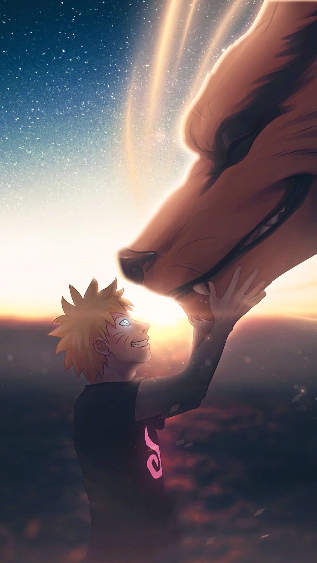 Naruto Uzumaki touches Kurama's face under a starry sky and orange sunrise, creating a serene vertical scene.