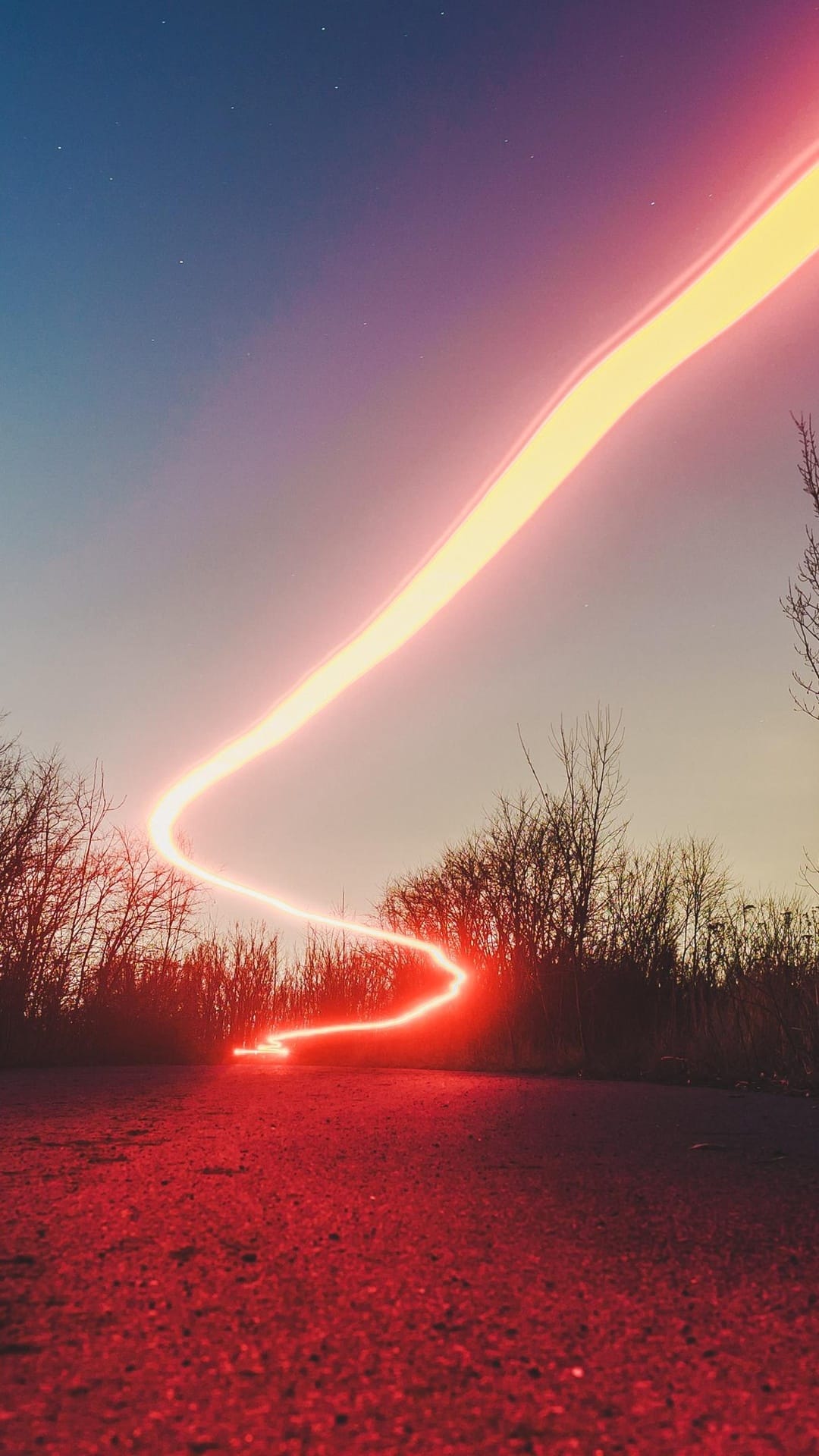 Crimson light trail winding through dark forest trees on a gravel path beneath a blue and pink evening sky.