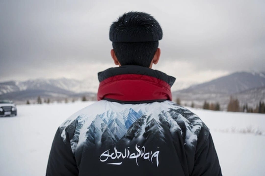 Man in a black jacket with mountain graphics and Arabic text stands in a snowy valley near distant mountains.