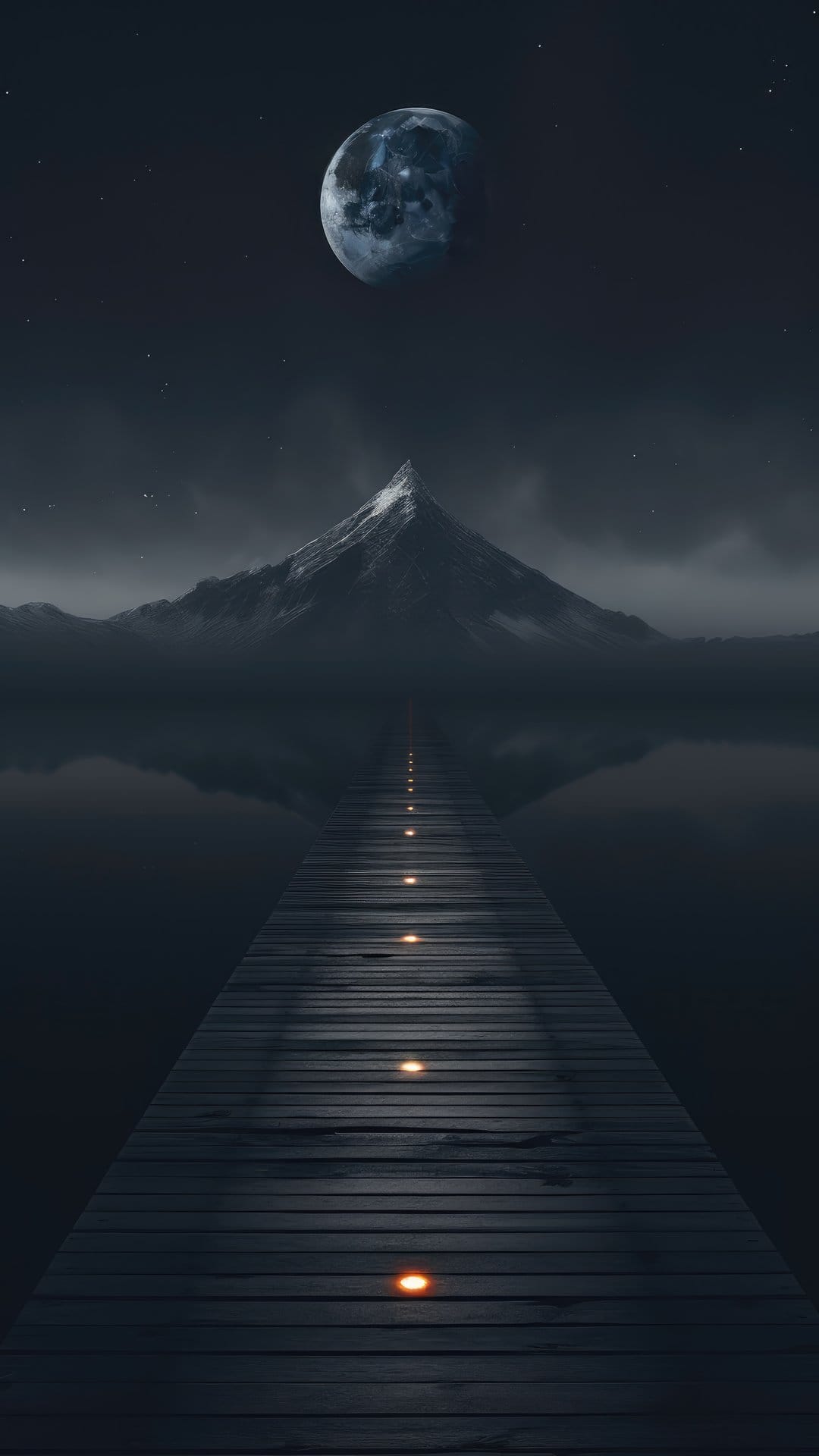 Illuminated wooden pier extending across calm water toward snow-capped mountains under a bright crescent moon.
