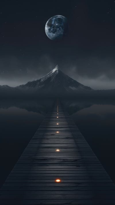 pier,bridge,lights,mountains,lake,dark