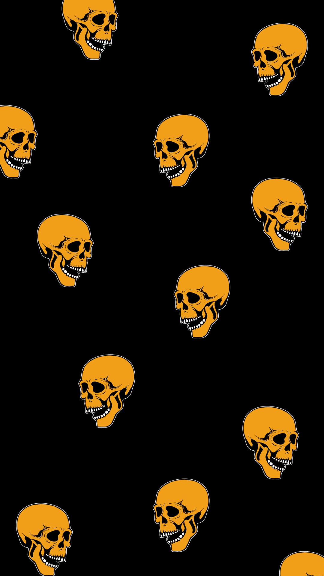 Vibrant orange skulls with black outlines and teeth repeat in a seamless pattern against a dark background.