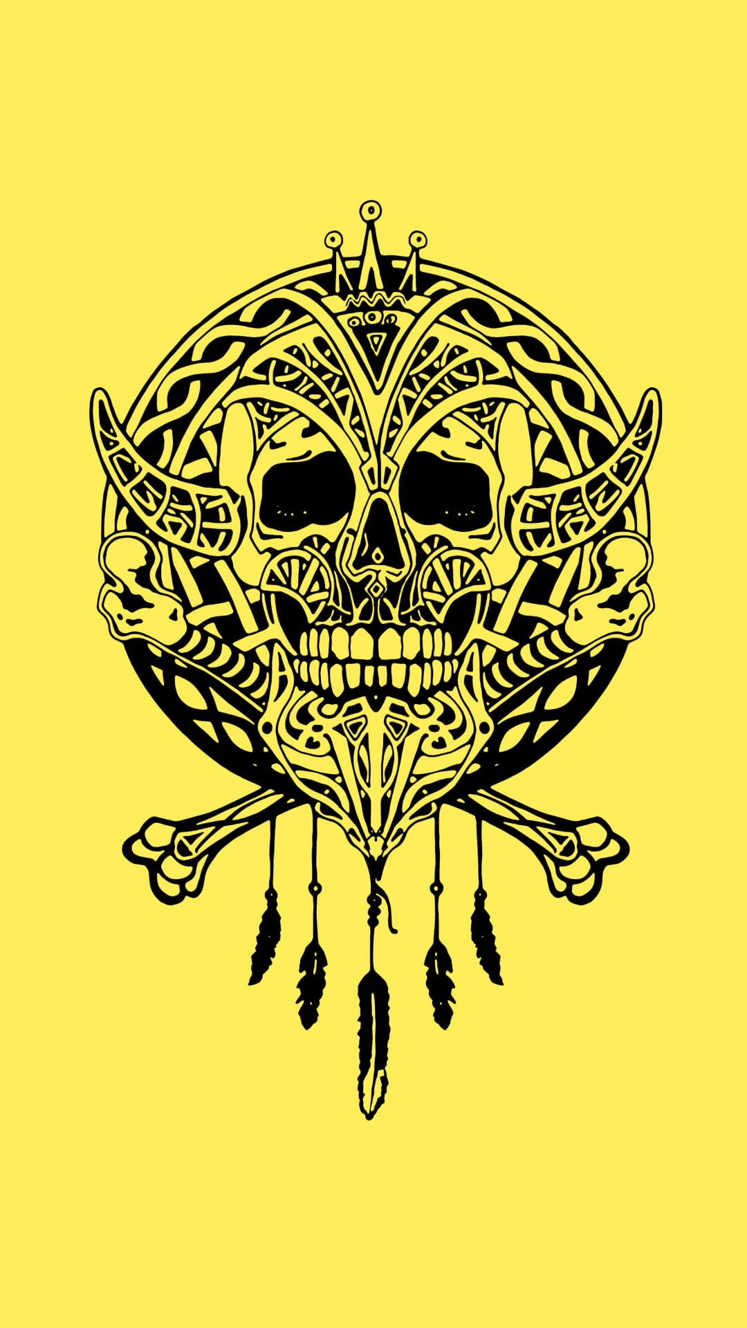 Black tribal skull with bone crown and feathers centered on a bright yellow background for phone wallpaper use.