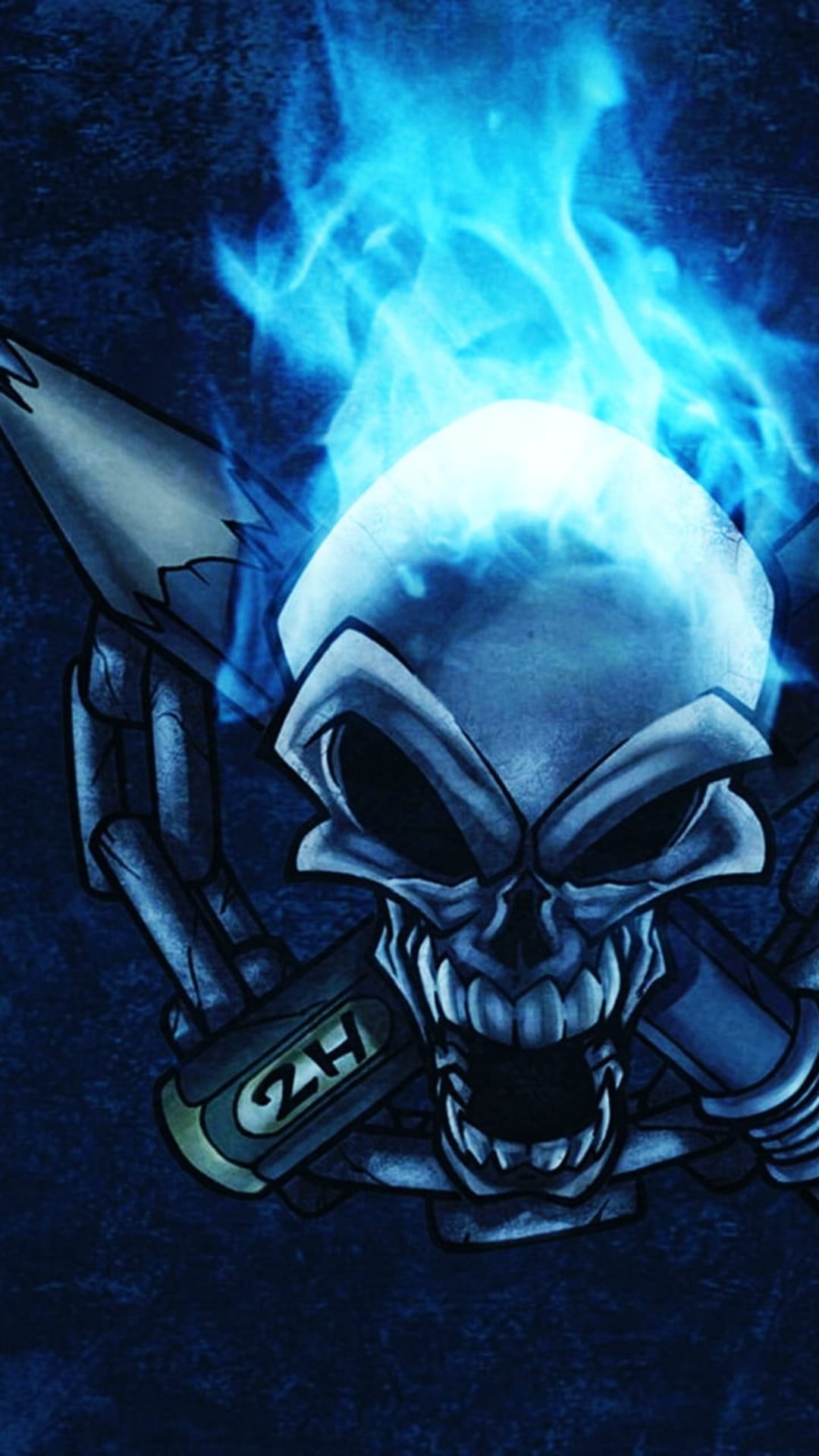 Skull biting two graphite pencils while surrounded by intense blue fire and glowing embers on a dark base.