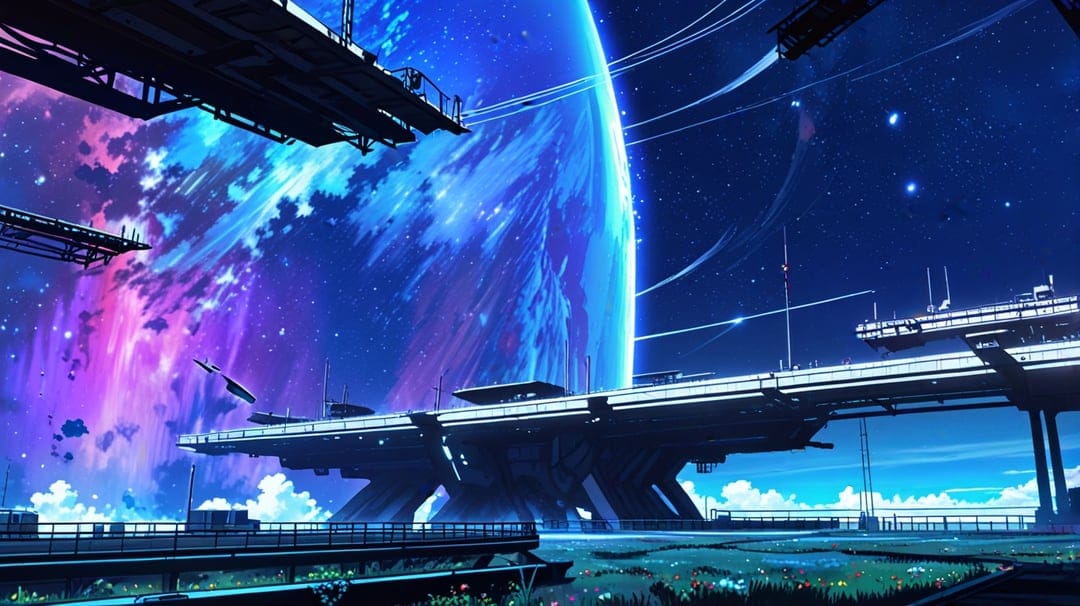 Modular space station overlooks a massive purple ringed planet with swirling clouds and lush green foreground plants.