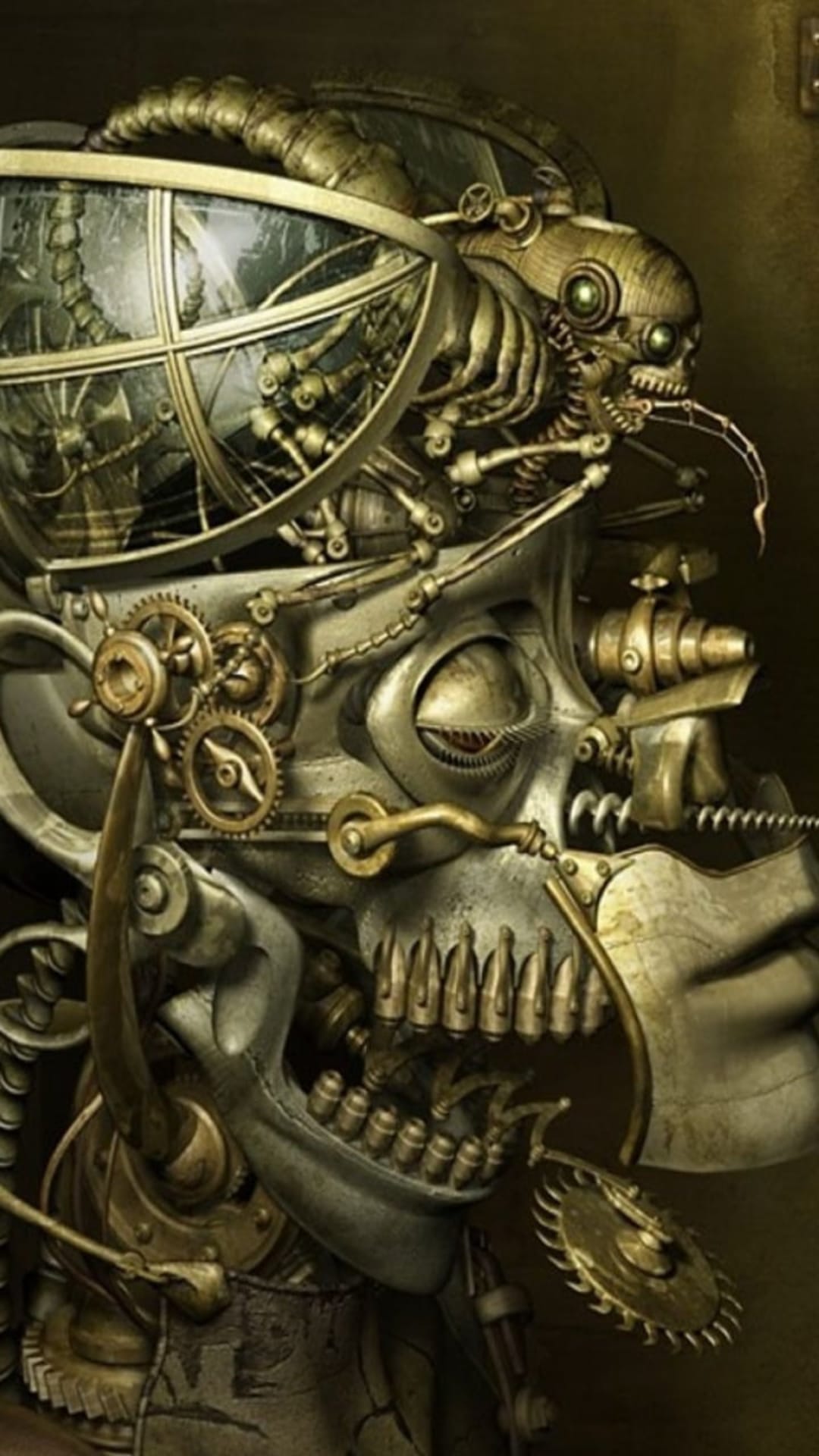 Mechanical skull with intricate golden gears and silver pistons showcasing detailed industrial clockwork textures.