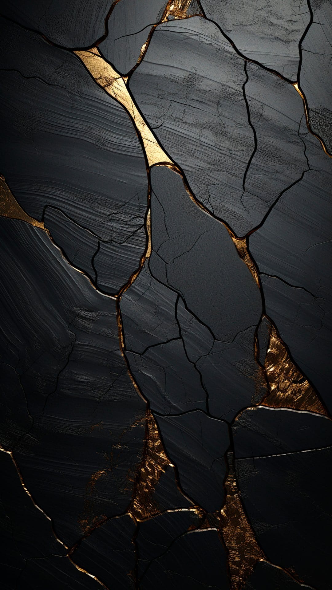 Gold veins interweave across a textured black obsidian background with fine cracks and metallic highlights.