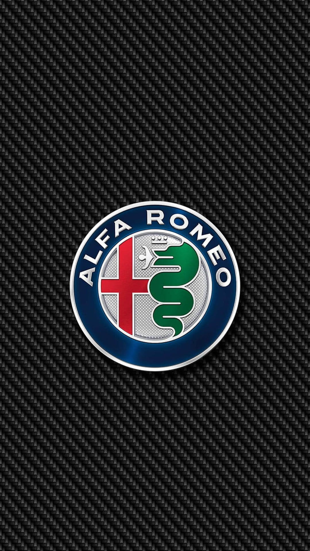 Alfa Romeo emblem featuring a red cross and green serpent centered on a black woven carbon fiber texture backdrop.