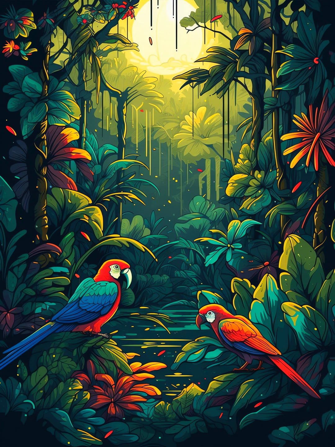 Scarlet and gold macaws perching on branches surrounded by tropical flowers and sun-drenched rainforest leaves.